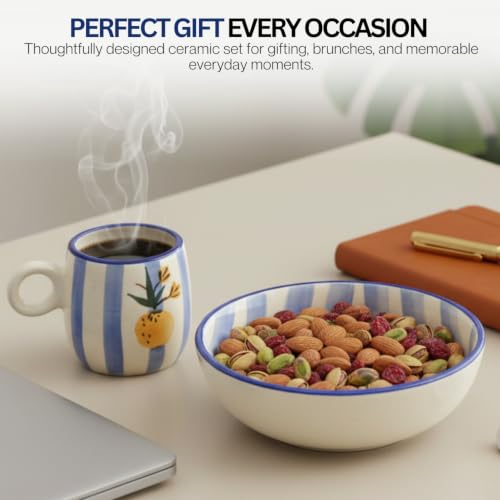 Image of Ceramic Breakfast Set | Bowl & Coffee Mug Combo | Cute Aesthetic Tableware Set for Breakfast, Snacks & Beverages | Microwave & Dishwasher Safe (Blue Stripe)