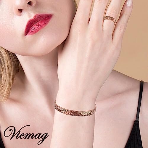 Vicmag Copper Magnetic for Women Men Ultra Strength Magnets 99.99% Solid Pure Copper Cuff Bangles Magnetic Field Therapy (Adjustable Size with Gift Box) (Copper Flower)