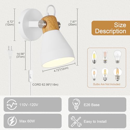 Image of Modern Plug-in Wall Sconces, Matte White | Adjustable Reading Light, Natural Wood Accent, For Bedroom, Living Room, Home Office
