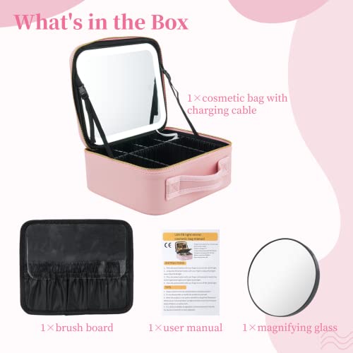 Gekmor Makeup Bag With Lighted Mirror, Travel Makeup Train Case With 3-Color Setting & Adjustable Dividers, Waterproof Portable Cosmetic Bag With 10X Magnifying Mirror For Women #TOP6