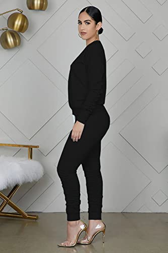 Juioste Two Piece Outfits For Women Black Jogger Set 2 Piece Long Sleeve Drawstring Tracksuits With Pockets,L #TOP2