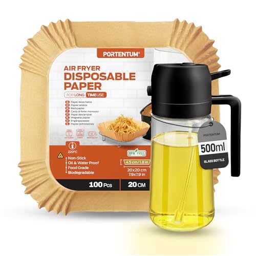 PORTENTUM Carta Forno Friggitrice Aria 100 pz 20x24 cm + Spruzzino Olio 500ml 2 in 1 | Accessori Friggitrice Aria BPA Free, Certificati FDA LFGB, Ideale per Forno 5-8L
