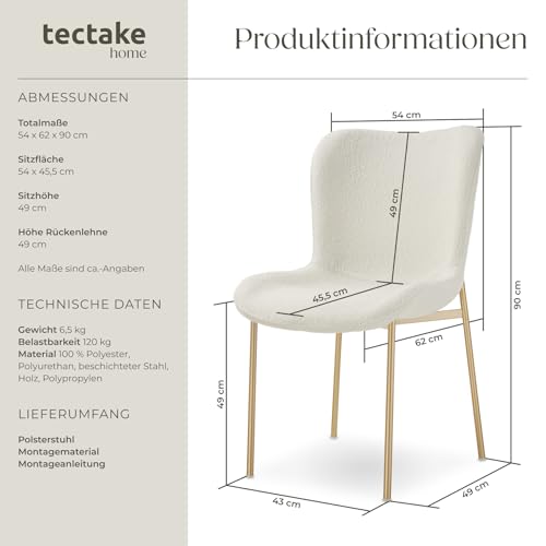 tectake® Polsterstuhl, Bouclé Stoff, Stuhl für Küche, Esstisch, Sessel für Schminktisch, oder Cocktailsessel, als Elegante Esszimmerstühle oder Wohnzimmerstühle für edles Dining - Bouclé weiß/Gold