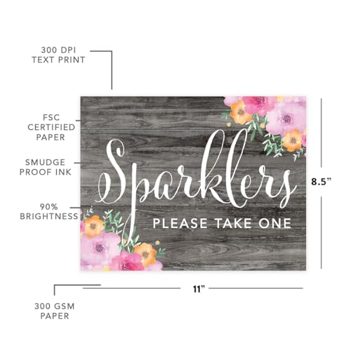Andaz Press Wedding Party Signs, Rustic Gray Wood Pink Floral Flowers, 8.5x11-inch, Sparklers, Please Take One, 1-Pack, Unframed