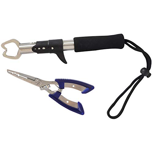 Mimilure Stainless Steel Fish Lip Grip And Fishing Pliers With Lanyard Fish Tool Sets For One-Hand Operated Fish Holder/Split Ring/Braid Cutter/Hook Remover (Blue Plier+Gripper) #TOP2
