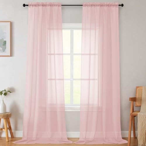 WelvetBLK Extra Long Sheer Blush Curtains for Bedroom Living Room 108 Inches Long 2 Panels Set, Solid Soft Light Filtering Rod Pocket Sheer Window Curtains, Blush, Each 42" Wx108 L Inch