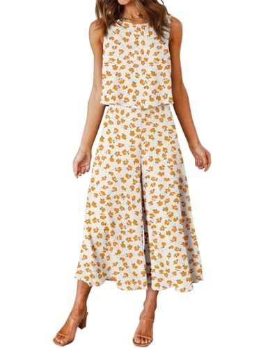 FANCYINN Conjunto de Dos Piezas para Mujer de Verano sin Mangas de Cuello Redondo y pantalón Ancho Cortado Blanco con pequeñas Flores Amarillas M