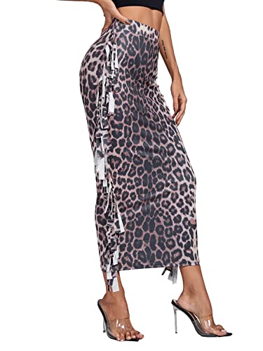 Lyaner Women's Fringed Side Tassels Elastic Waist Slim Bodycon Pencil Maxi Skirts Leopard X-Large #TOP2