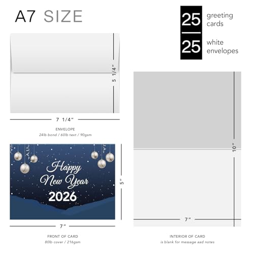 2026 Happy New Year Cards and Envelopes | Elegant Christmas, Holidays, Xmas, New Year's Eve Greeting Cards Set – 25 Half Fold Cards and A7 Envelopes | 5 x 7 inches (A7 Size)