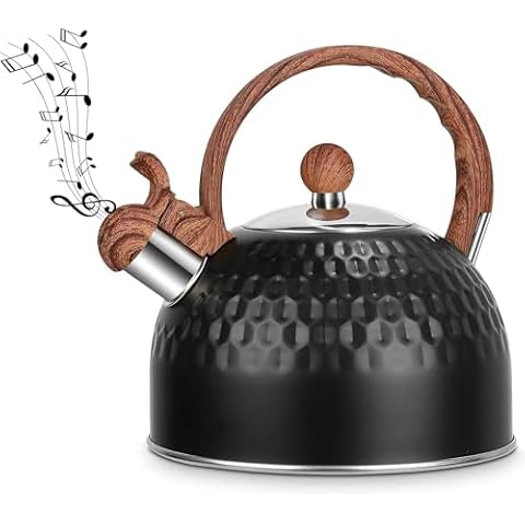 Tea Pot Stovetop, 85 OZ / 2.5 L Whistling Tea Kettle for Stove Top, Food Grade Stainless Steel Water Kettle with Wood Pattern Handle for Coffee/Tea/Milk etc, Kettle Pot Gas Electric Applicable (Black) Cover