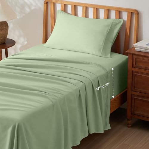 Image of Bedsure Deep Pocket Twin Sheets Set - Fits Mattresses Up to 21 Inches Thick -3 Piece GentleSoft Bed Sheets, Moisture Wicking, Soft & Cooling Bedsheet & Pillowcases, Easy & Secure Fit, Light Green