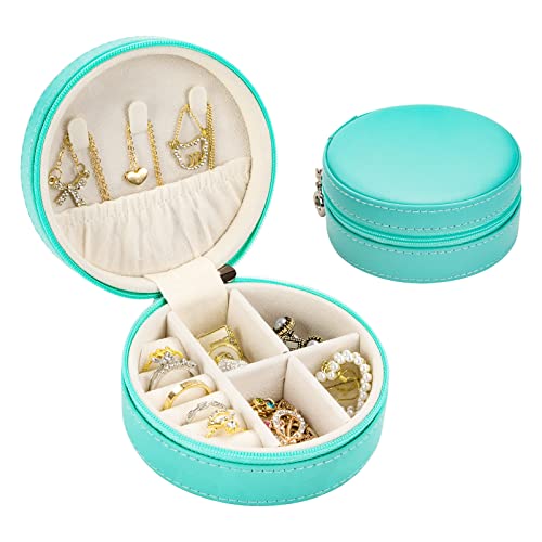 Boîtes à Bijoux Étui à Bijoux de Voyage Ronde Petite Organiseur à Bijoux en Cuir PU avec Fermeture Éclair Boîtes de Rangement de Bijoux pour Bagues, Boucles d'Oreilles, Colliers (Tiffany Bleu)