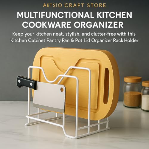 Image of Pan & Pot Lid Organizer Rack - Multifunctional Cookware for Cabinet, Pantry Chopping Board Holder, Space-Saving Kitchen Organizer, Black (L-9 x W-7 x H-9 in (PAN RACK WHITE)