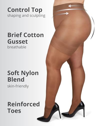 Image of MeMoi Energizing Plus Size Curvy Control Top Pantyhose for Women, Semi Opaque Pantyhose, Lightweight Womens Stockings