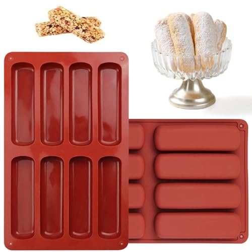 2 Moldes Rectangulares de Silicona Con 8 Cavidades para Barras de Cereal, Bizcochos, Magdalenas y Pasteles   Molde de Horno para Hornear Barritas