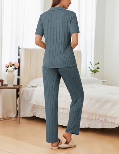 Ekouaer Womens Rib Knit Pajamas Button Up Lounge Sets Short Sleeve Top and Long Pants Matching Pjs Sleepwear Loungewear3