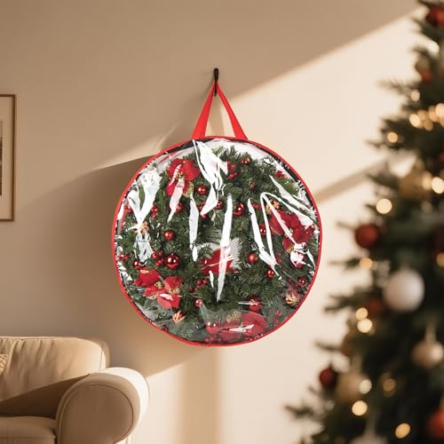 Miniatura 6 de Paquete De 3 Bolsas De Almacenamiento Para Coronas De Navidad, 76 X 20 Cm, Organizador Redondo Grande De Decoración Navideña, Pvc Transparente Con Doble Cremallera, Contenedor De Almacenamiento