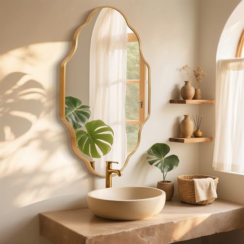 Image of Irregular Wall Mirror, Gold Scalloped Mirror | Brushed Metal Frame, HD Glass Decorative Mirror for Wall Decor, Vanity Mirror for Living Room Entryway (24 inch x 36 inch, 1 Pack)