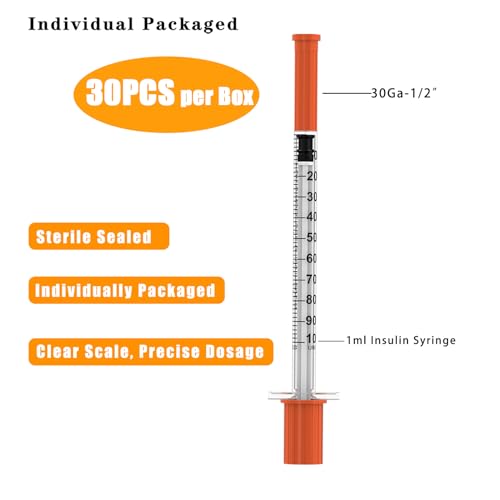 U-100 Disposable Syringes with Needle,1ml/cc 30 Gauge 1/2 inch (13mm), Individual Wrapped, 30Pack| Lab Supplies