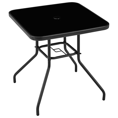 Yaheetech Outdoor Bistro Table with Umbrella Hole 28in Patio Square Dining Table w/Silk Printing Glass Top Weather-Resistant Patio Table for Garden Poolside Balcony Backyard Black