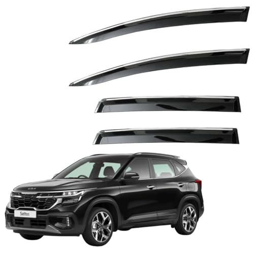 Image of CAR SAAZ Unbreakable Chrome Smoke Door Visor for Seltos (2023-2025)| Premium Sun, Rain Wind Deflector Chrome Strip Side Door Rain Visor - Set of 4 Pcs