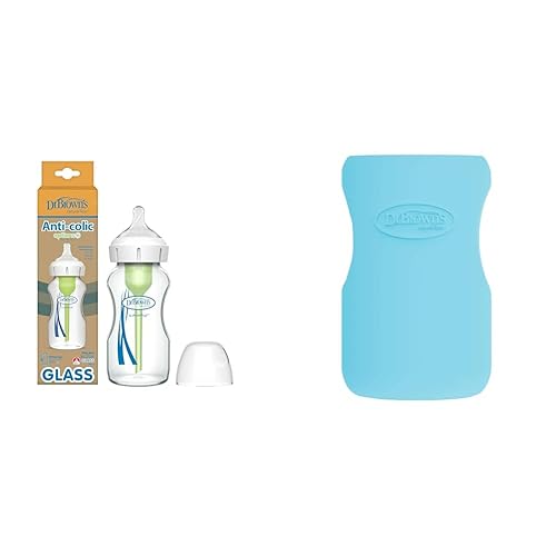 Dr. Brown's Anti-Colic Options+ Biberón de vidrio de cuello ancho 9 onzas, pezón de flujo lento nivel 1, mangas protectoras para biberones de 9 onzas