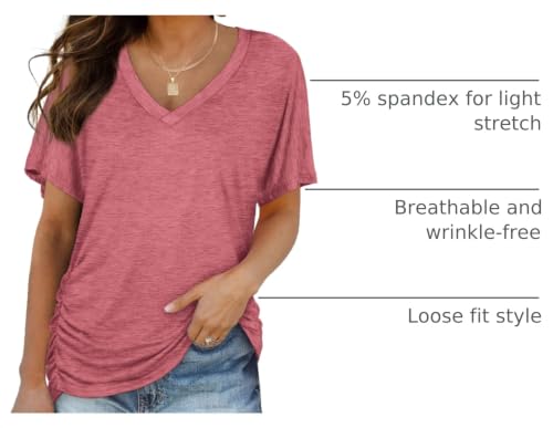 Image of WIHOLL Womens Summer T-Shirts Short Sleeve V Neck Dolman Tops with Side Shirring Loose Fit Shirts Spring Fashion