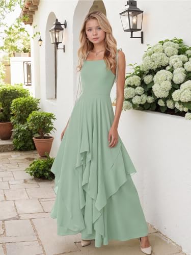 Chiffon Junior Bridesmaid Dress for Wedding Tiered A-Line Spaghetti Strap Ruffles Long Square Neck Flower Girl Dress4
