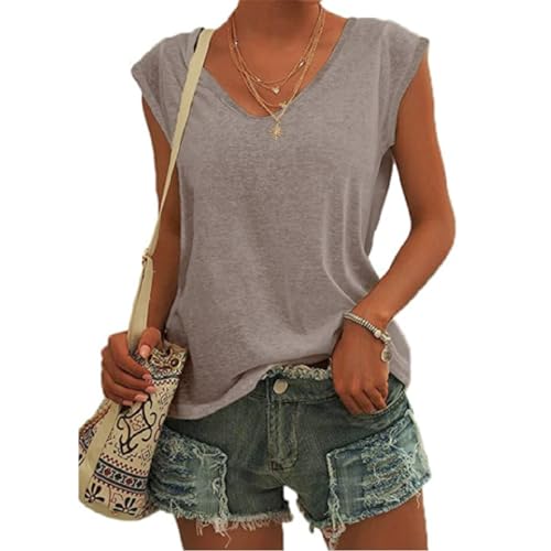 EDOTON T Shirt Donna Maglietta Corte Scollo a V Manica Corta Donna Casual Estiva Solida T-Shirt Maglietta Elegante(XXL,Braun)