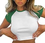 Avanova Women's Colorblock Basic Raglan Tee Short Sleeve Round Neck Slim Fit Crop Top T Shirt Green White 050 Medium
