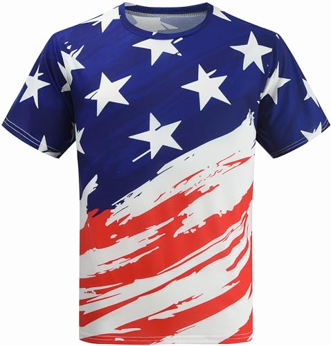 DDSOL Men Short Sleeve Shirt 4th of July American Flag T-Shirt 3D Digital Print USA Flag Stars Stripes Independence Day Patriotic Tee Top Medium