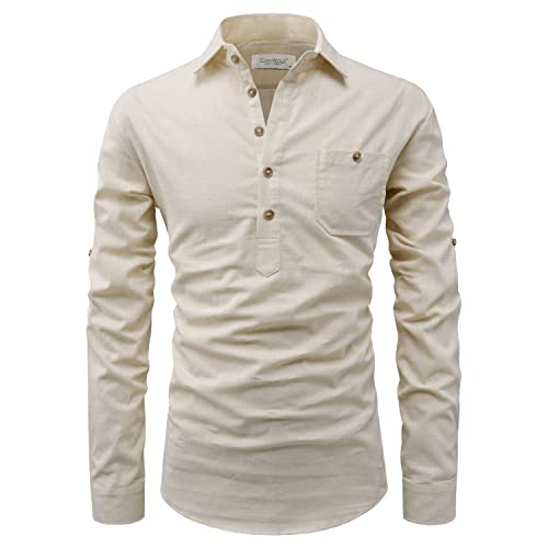 Image of Men's Full Sleeve Beige Color Cotton Blend Spread Slim Fit Shirt Style Kurta for Men and Boys