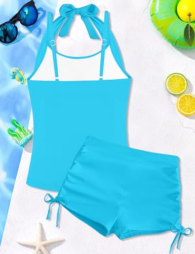 Image of Bathing Suits for Teens 12-14 Halterneck Adjustable Straps Girls Tankini Swimsuits Tummy Control for Teen Bathing Suits with Drawstring Shorts Girls 2 Piece Swimsuits Light Blue