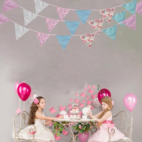 Image of Zwiebeco 32Ft Pink Blue Purple Floral Fabric Bunting Triangle Flag Cotton Flower Pennant Banner Decoration for Birthday Wedding Engagement Baby Shower Tea Party Spring Rustic Village Home Garden Decor
