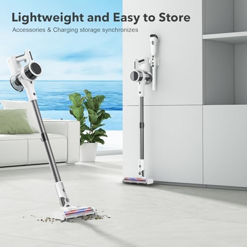 4 in 1 Cordless Vacuum for Home, 80,000PRM Powerful Motor Vacuum Cleaner with 2 Adjustable Modes, Max 40 Mins Runtime Rechargeable Battery and Washable Parts Stick Vacuum (Snow White) — view 6