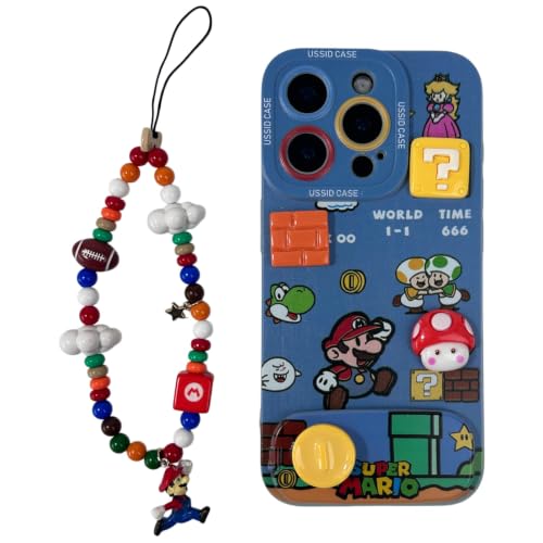 HYOIIO Mario Phone Case for iPhone 14 Pro Max with Mario Beaded Strap & Flip Mirror Kickstand, Cute Cartoon Shockproof Protective Cover with Peach Princess & Mushroom 3D Design (14pm) by HYOIIO - Used condition - US$12.00