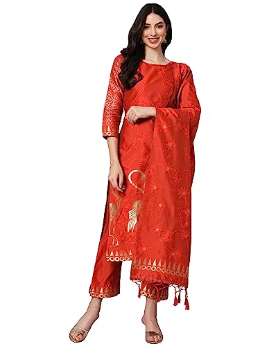 Image of VredeVogel Women's Cotton Silk Jacquard Kurta Pant Set with Banarasi Silk Dupatta