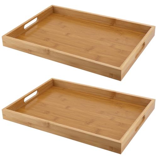 HEIHAK 2 Pack Large Bamboo Serving Tray with Handles, 41 x 29 x 4cm Rectangular Wooden Platters Tray, Wooden Serving Trays for Tea, Coffee, Breakfast, Snack