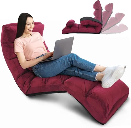 RELAX4LIFE Relaxliege, Bodenliege 5-Fach Einstellbar, Bodenstuhl Faltbar, Relaxsessel mit Kissen, Liegesessel mit Schlaffunktion, bis 120kg belastbar, Klappsessel für Lesen & Schlafen (Wein)