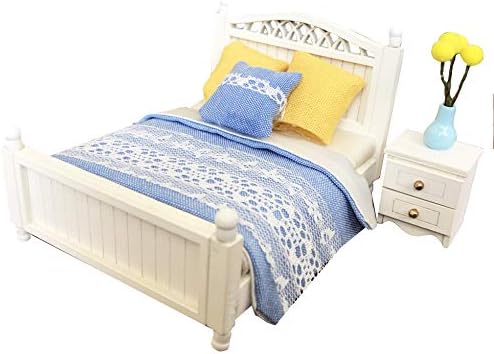 Dollhouse DIY Kit Mini Bed and Nightstand Set, Miniature Bedroom Furniture, White Wood and Blue Fabric, Accessories for 3 to 4 inch Dolls, 1/24 Scale, Assembly Required