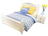 Dollhouse DIY Kit Mini Bed and Nightstand Set, Miniature Bedroom Furniture, White Wood and Blue Fabr