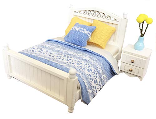Dollhouse Diy Kit Mini Bed And Nightstand Set, Miniature Bedroom Furniture, White Wood And Blue Fabric, Accessories For 3 To 4 Inch Dolls, 1/24 Scale, Assembly Required #TOP8