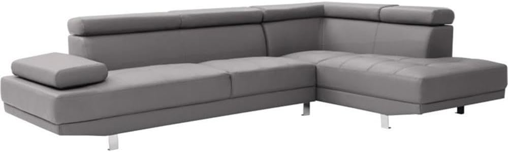 Pemberly Row Faux Leather Sectional, Gray Finish, 109" W x 76" D x 28" H, Adjustable Head and Arm Rests, Chrome Legs, Pocket Coil Seating, Hardwood Frame, Sleek Contemporary Living Room Furniture