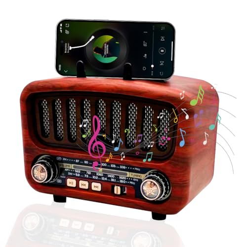 Radio retro con Bluetooth, radio AM/FM/SW pequeño con batería de 1800mAh, admite USB/TF/AUX, altavoz grande de 5W y Bluetooth 5.0 (Rojo)