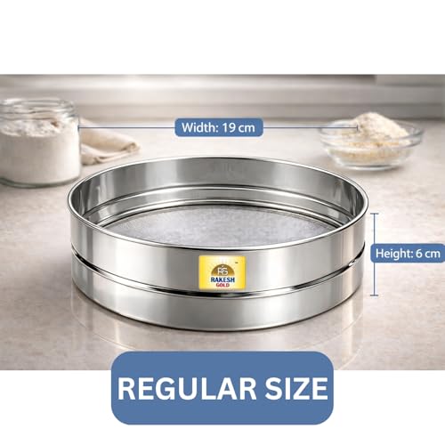 Image of Rakesh Gold Large Stainless Steel Atta & Suji Chalni | Fine Mesh Steel Sieve | Heavy Duty Food Grade Kitchen Channi | Premium Stainless Steel Flour Sieve (Regular Size, Atta and Suji CHALNI)