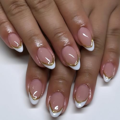 Cute Medium Short Almond Press on Nails 24Pcs False Fake Nails Simple with Nude White Gold Stripes Design French Tip Full Cover Thick Glossy Acrylic Glue on Nails Stick on Nails for Women JP3444 by Galamonoty - Used condition - CA$7.94