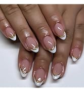White French Tip Press on Nails Press ons with Gold Line Designs Short Almond Fake Nails Pink Fal...