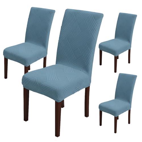Image of House of Quirk Elegant Jacquard Chair Cover - 220 GSM Stretch Fabric, Universal Fit, Washable Short Dining Seat Protector Slipcover (Light Blue, Pack of 4)