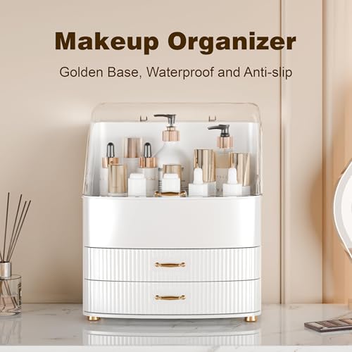 Image of Makeup Organizer Countertop Vanity with Transparent Lid Drawers Waterproof Dustproof Cosmetic Skincare Bathroom Storage Gift for Women Teens Girls (White)