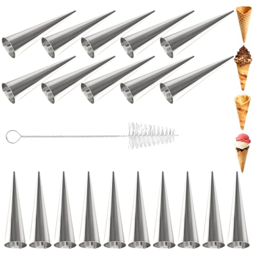 20Pcs Cream Horn Molds, Non-stick Large Size Cream Horns with Cleaning Brush, Danish Horn Molds, Stainless Steel Roll Horn Forms, Conical Baking Cones Moulds for Croissant Pastry Puff Pastry Ice Cream